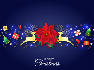 Merry Christmas greeting card design with top view of Christmas elements on blue background.