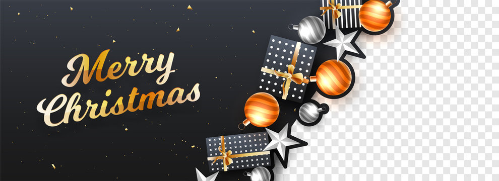 Merry Christmas header or banner design decorated with festival elements on black background with space of your product image.