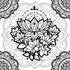 Seamless decorative ornament in ethnic oriental style. Circular pattern in form of mandala and Lotus flower for Henna, Mehndi, tattoo, decoration. Doodle outline hand draw vector illustration.