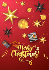Fototapeta na wymiar Greeting card design with stylish lettering of Merry Christmas, realistic baubles and star decorated on red background.