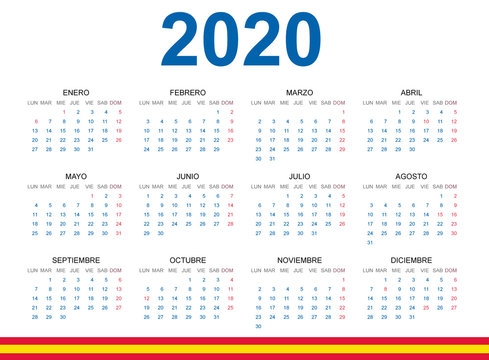 Calendario 2020 en español con fiestas nacionales