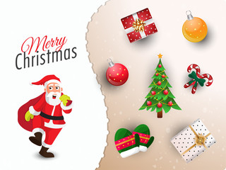 Creative poster or template design with decorative festival ornaments and cute santa character for Merry Christmas celebration.