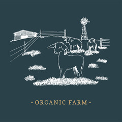 Organic farm vector illustration. Sketched drawing of rural landscape for farm logotype, eco food sign, vintage sticker.