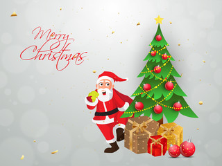 Merry Christmas background decorated with xmas tree, gift boxes and cute santa character. Can be used as greeting card design.
