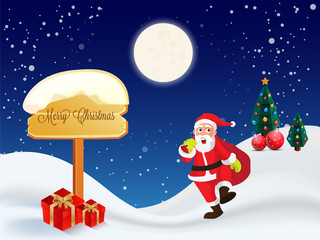 Winter landscape background with santa claus and decorative festival elements for Merry Christmas festival celebration.