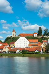 Fototapeta na wymiar Ptuj Castle on Hill top and River Drava in Slovenia