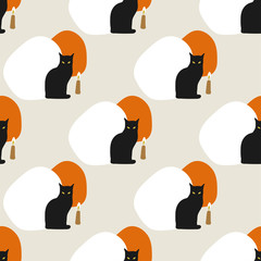 Black cat sits next to a candle seamless vector pattern. - 293782678