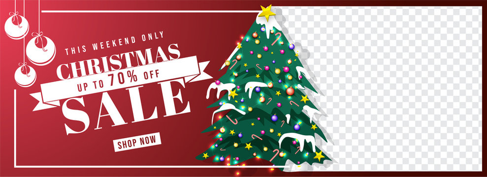The weekend sale header or banner design with 70% discount offer, xmas tree and space for product image for advertisement concept.