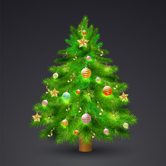 Decorative xmas tree illustration on glossy black background for Merry Christmas greeting card design.