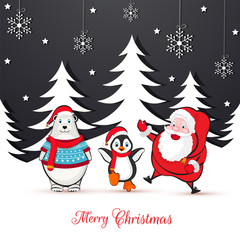Merry Christmas greeting card design with illustration of cute santa claus, bear and penguin on winter background decorated with snowflakes.