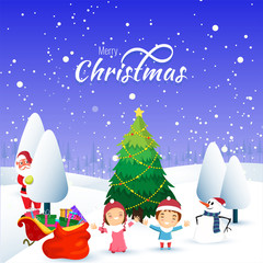 Fototapeta na wymiar Happy kids and cute santa clause character with gift sack and sleigh on winter landscape background. Can be used as greeting card design.