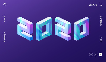 Isometric trendy 2020 New Year numbers illustration. Magic colorful gradient