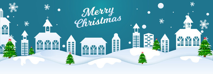 Merry Christmas header or banner design, paper cut style winter landscape on blue background for festival celebration.