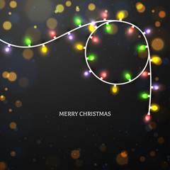 Colorful illuminated lighting garland decorated on black bokeh background for Merry Christmas celebration concept. Can be used as greeting card design.