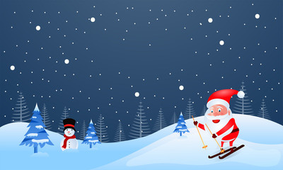 Winter landscape background, illustration cute santa claus riding on skateboard with snowman  for Merry Christmas festival celebration concept.