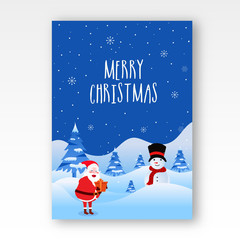 Fototapeta na wymiar Merry Christmas greeting card design with illustration of happy santa clause and snowman on winter landscape background.