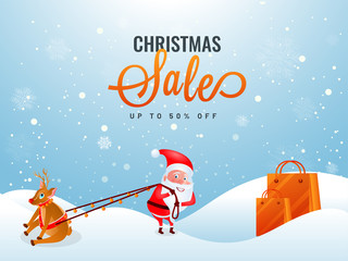 Christmas sale poster or template design, up tp 50% discount offer, illustration of cute santa clause with reindeer and shopping bags on snowfall winter background.