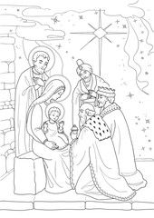 Fototapeta na wymiar Christmas. Coloring page with baby Jesus, Mary Joseph, three wise men. Black and white.