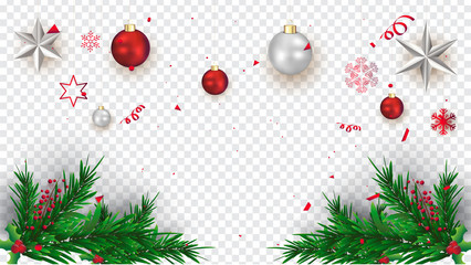 Naklejka na ściany i meble Christmas decoration background with fir branches, mistletoes, xmas balls, stars. Relistic elements.