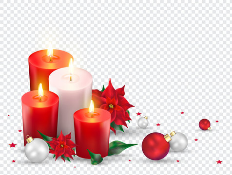 Merry Christmas decoration background with wax candles, xmas balls, and poinsettia flower on transparent background.