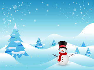 Winter background with snowman and christmas trees.