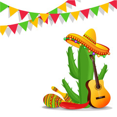 Cinco De Mayo poster or flyer design with cactus wearing hat and holding guitar on white background.