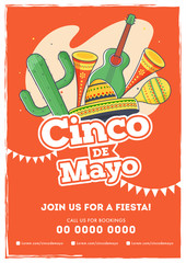 Naklejka premium Retro orange background template or card design with text and details customized for fiesta party with celebration elements.