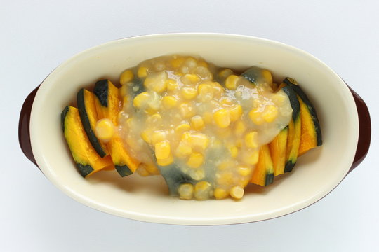chopped pumpkin and sweet corn for gratin cooking image 