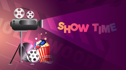 Poster or banner design with illustration of movie theater equipments such as video camera, popcorn, 3D glasses on shiny background for movie or cinema concept.