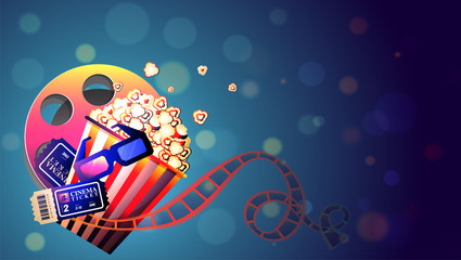 Cinema movie concept based poster or banner design with illustration of Popcorn, 3D Glasses, Tickets and Film Reel on shiny blue background.