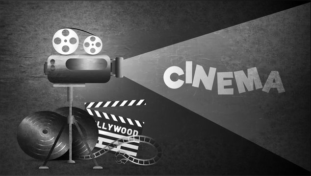 Black and white poster or banner design for cinema or theater with illustration of video camera, film reel on grunge background.