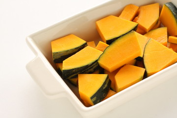 Chopped pumpkin on bowl for prepared ingredient