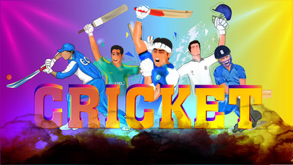 Cricketers in playing action with 3d text cricket on glossy colorful background.