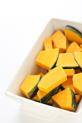 Chopped pumpkin on bowl for prepared ingredient