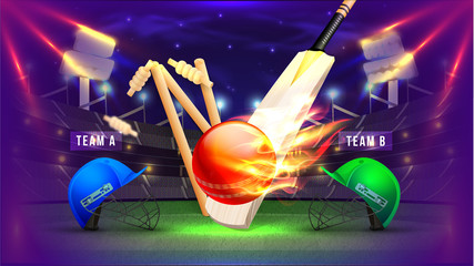 Cricket competition poster with illustration of cricket attire helmets, bats, wickets and ball in fire on night stadium background. © Abdul Qaiyoom