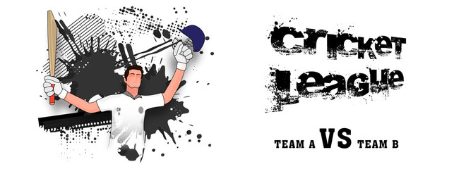 Black and white cricket league banner with a batsman rising up his helmet and bat on grungy background.
