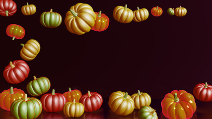 3D rendering composition with red, green and orange pumpkins on dark background.