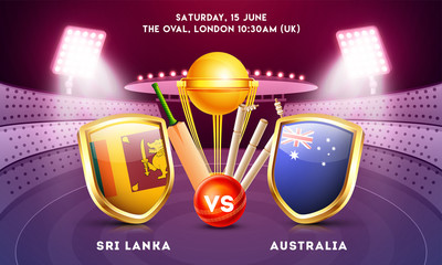 Banner or poster design, cricket tournament participant country Sri Lanka Vs Australia with illustration of cricket equipments on night stadium view background.