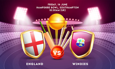 Cricket match between England vs Windies with illustration of country flag shields, cricket bat, ball and champion trophy on night stadium background.