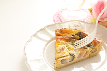 French food, Piece of shimeji mushroom and bacon quiche