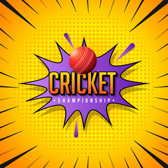 Pop art halftone style cricket championship poster or template design with illustration of cricket ball.
