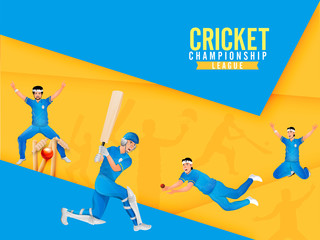 Cricket Championship league poster or banner design with cricket players in playing action on yellow and blue abstract background.