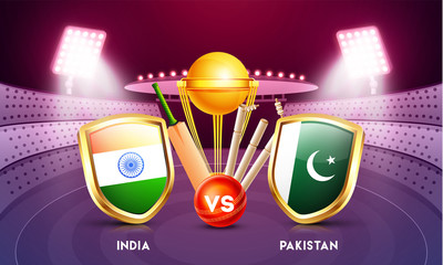 Advertising banner or poster design with cricket tournament participant country India vs Pakistan and cricket equipment illustration on night stadium view background.