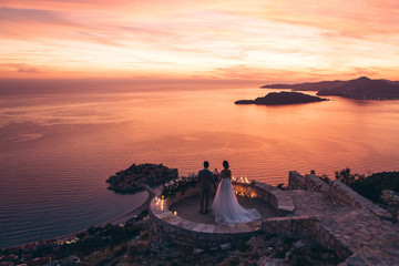 The bride and groom admire the beautiful natural landscape in Montenegro near the island of Sveti...