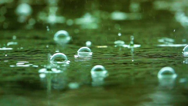 Drops Of Rain Falling On Water Slow Motion.