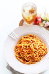 Homemade Italian cuisine, tomato spaghetti on white background