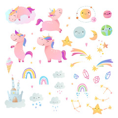 Set of funny smiling unicorns. Vector illustration.
