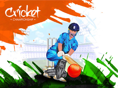 Cricket championship poster or banner design with illustration of cricket player in playing action.