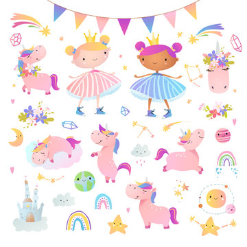 Set of funny smiling unicorns, princesses and other elements for your design.. Vector illustration.