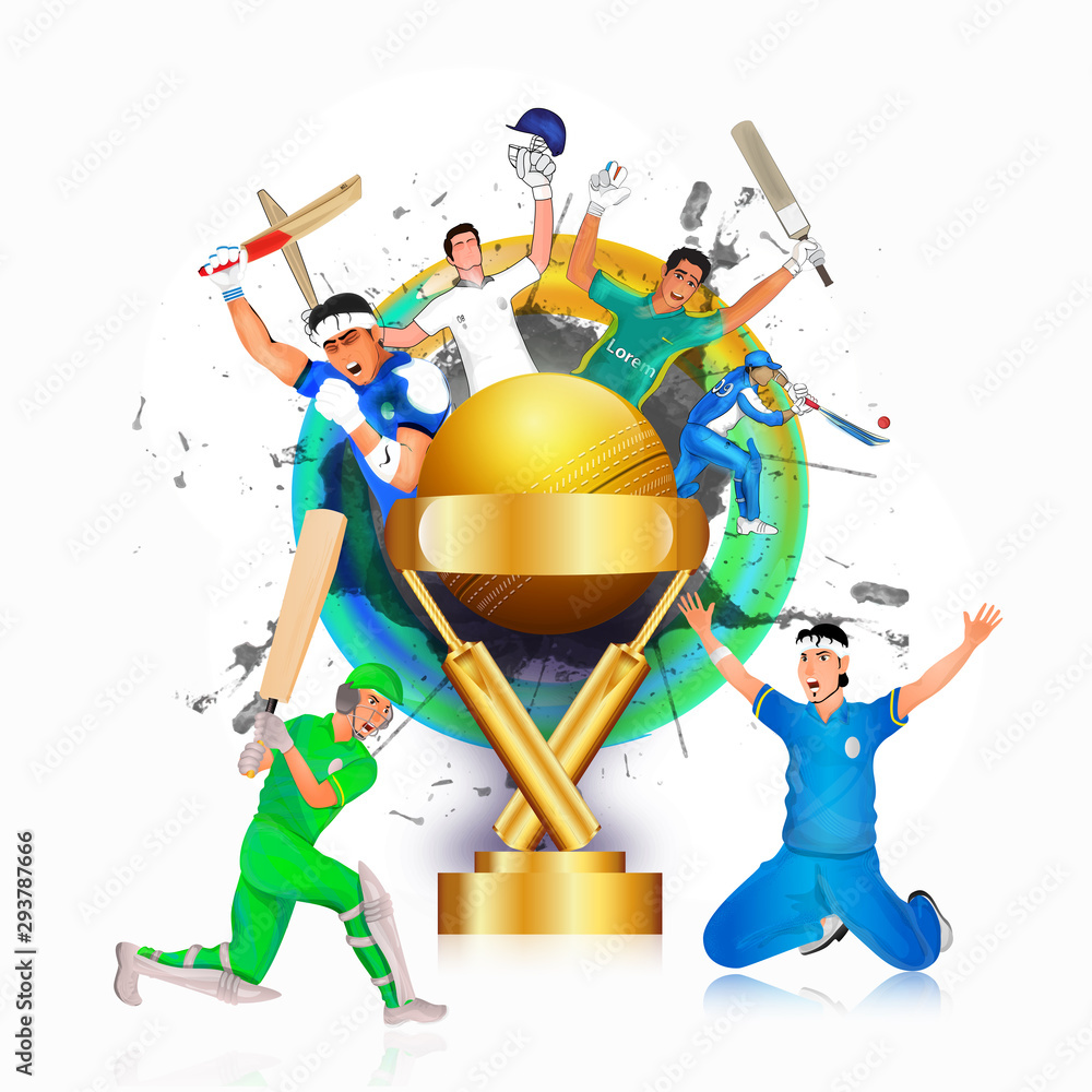 Wall mural realistic golden champion trophy with illustration of cricket players in different playing pose on w